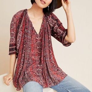 Anthropologie Bhanuni by Jyoti Aleksa Tunic Blouse Split Tie Neck A-Line Swing L